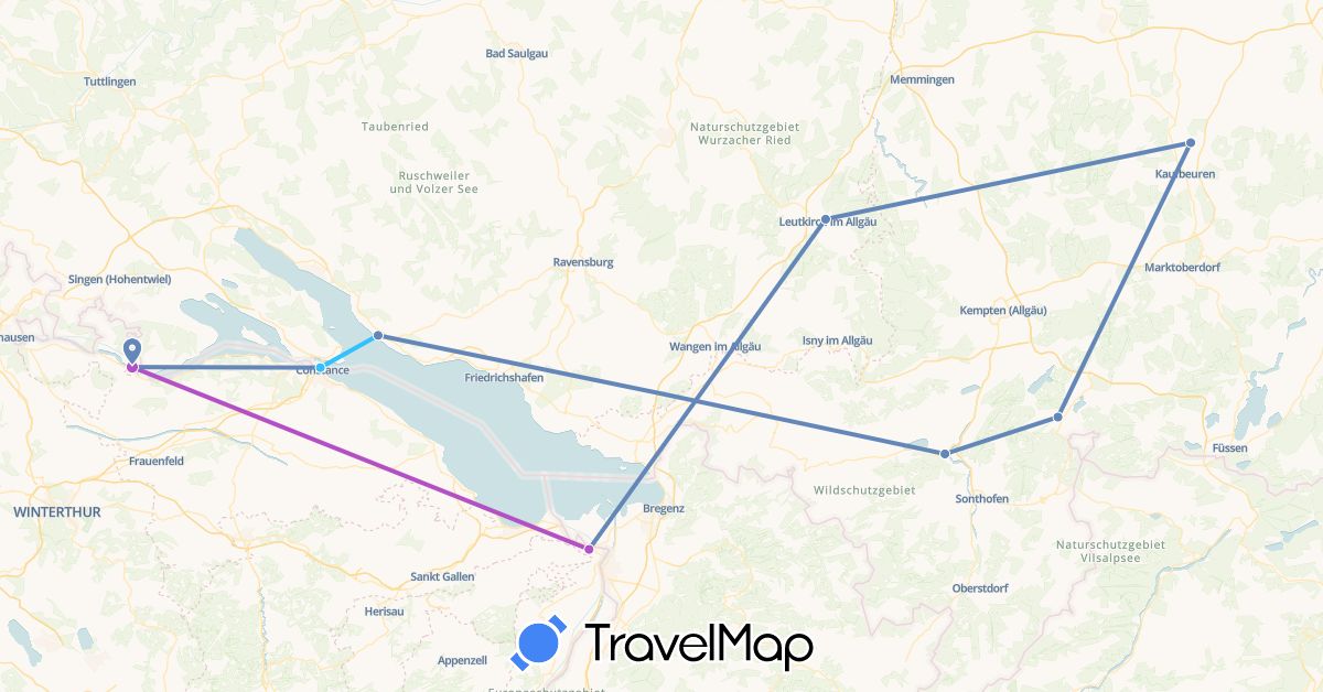 TravelMap itinerary: driving, cycling, train, boat in Switzerland, Germany (Europe)