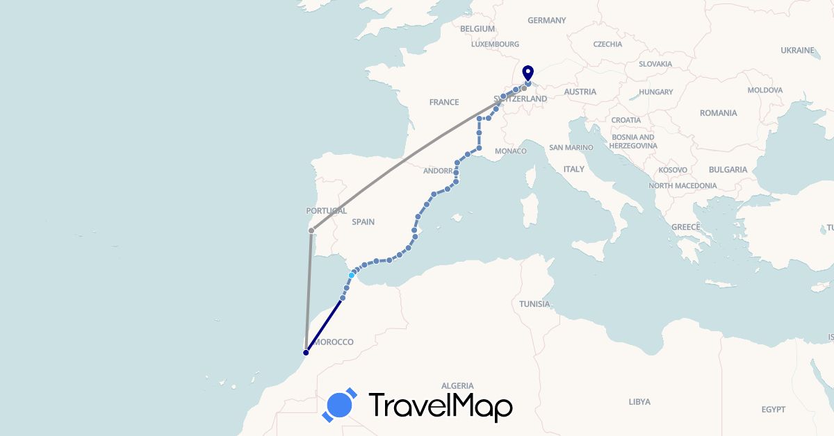 TravelMap itinerary: driving, plane, cycling, boat in Switzerland, Spain, France, Morocco, Portugal (Africa, Europe)