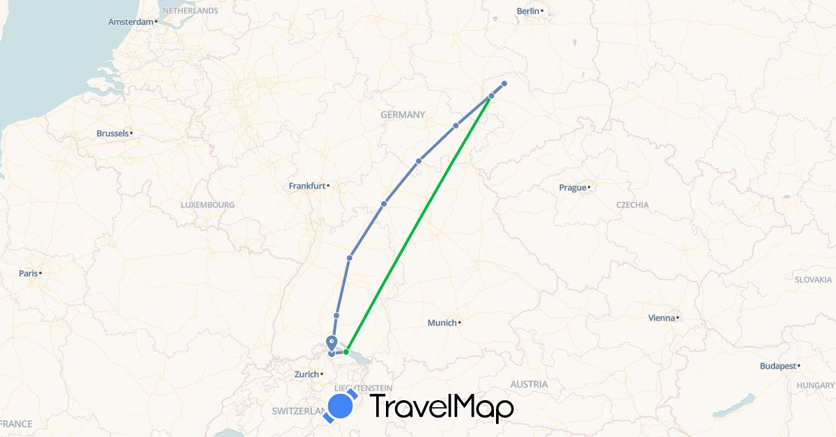 TravelMap itinerary: driving, bus, cycling in Switzerland, Germany (Europe)