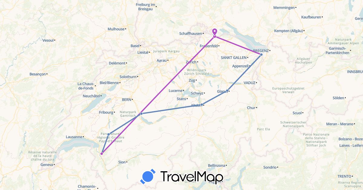 TravelMap itinerary: driving, cycling, train in Switzerland (Europe)