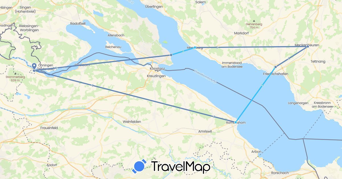 TravelMap itinerary: driving, cycling, boat in Switzerland, Germany (Europe)